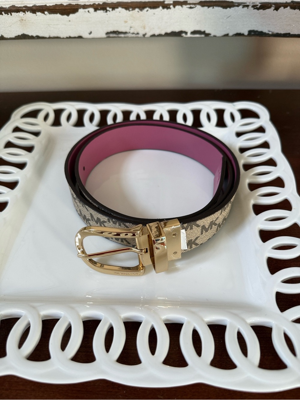 Michael Kors Beige Logo Belt with Pink Interior and Gold Buckle NEW